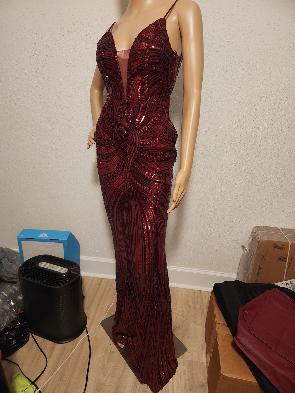 Windsor Burgundy Sequin Spaghetti Strap Prom Gown